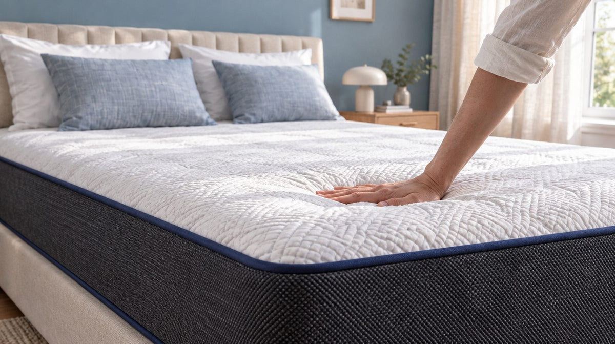 Une main appuie sur la surface de couchage d'un matelas pour en sentir la fermeté