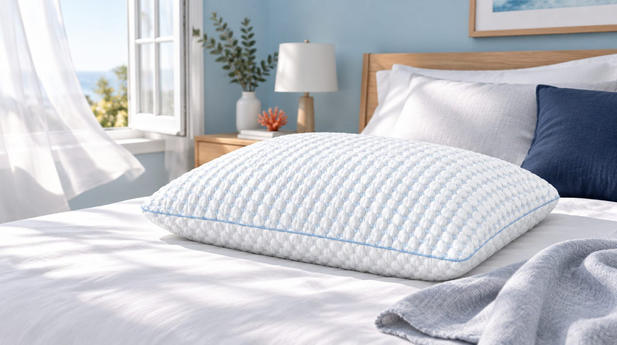 Oreiller à mémoire de forme sans taie qui s'aère près d'une fenêtre ouverte, à côté d'un chiffon doux pour le nettoyage
