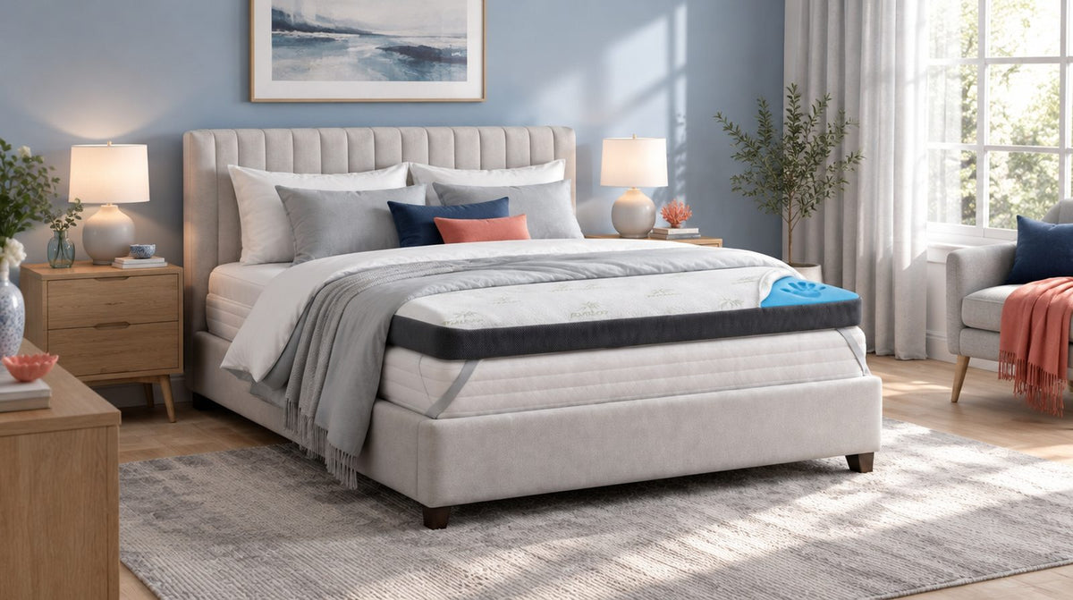 Lit boxspring avec tête de lit rembourrée et surmatelas posé dessus dans une chambre chaleureuse