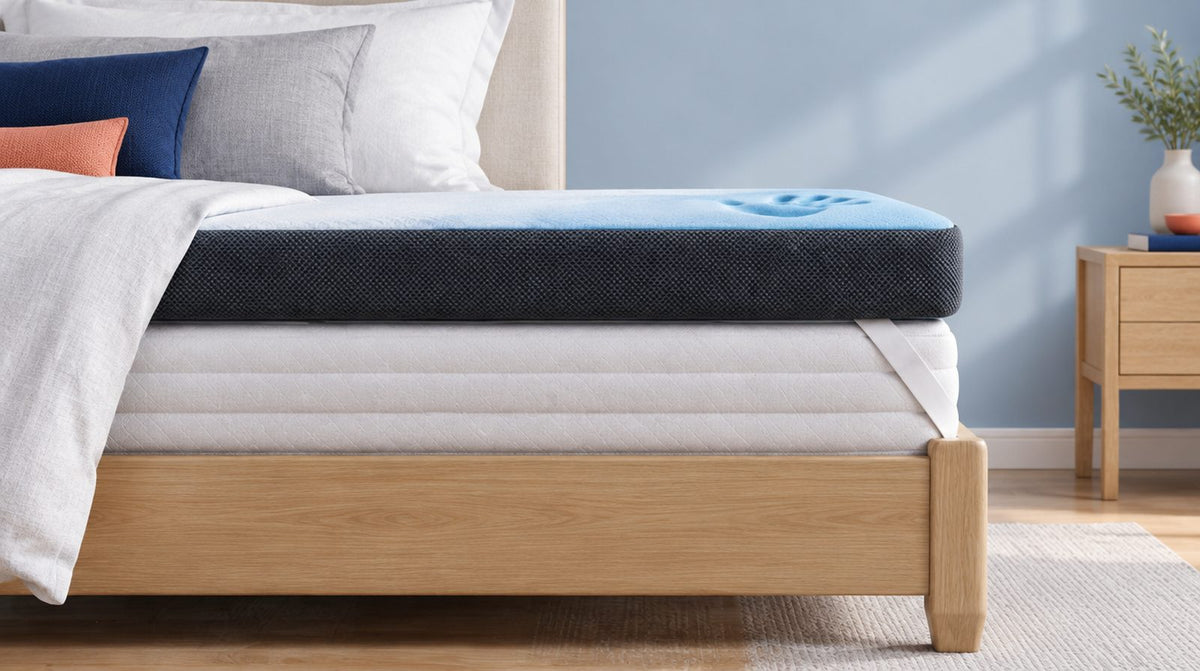 Zijaanzicht van een topper op een matras, de dikte en hoogte van de topper zijn goed zichtbaar