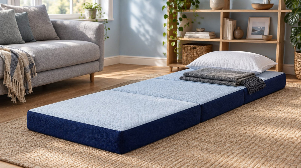 Matelas pliant 3 parties déplié avec oreiller et couverture comme lit d'appoint dans le salon