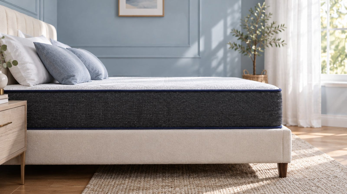 Vue de côté d'un lit avec matelas sur le cadre, la hauteur du matelas est bien visible